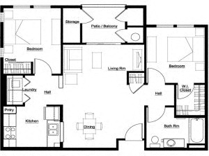Floor plan for 2 beds, 1 bath, 968 sqft